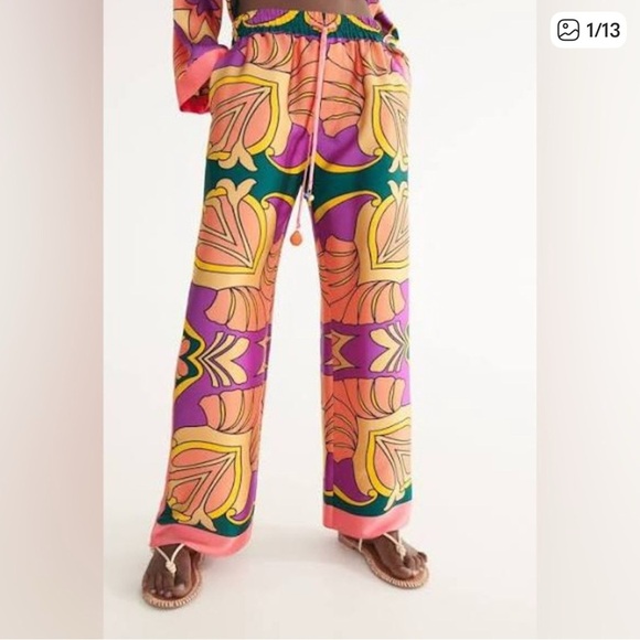 Zara Pants - Zara Colorful Printed Satin Pull On Pants Elastic Waist Wide Leg Women’s Size S